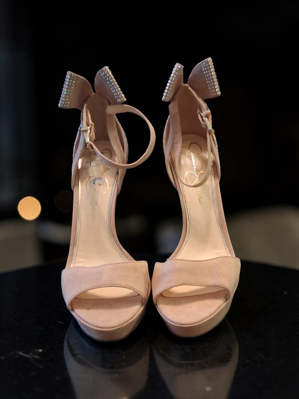 Women’s Beige Ankle-Strap Platform Heels with Bow